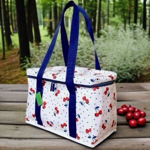 NWT Gorgeous Kate Spade White blue Red Cherries Print Large insulated cooler Bag